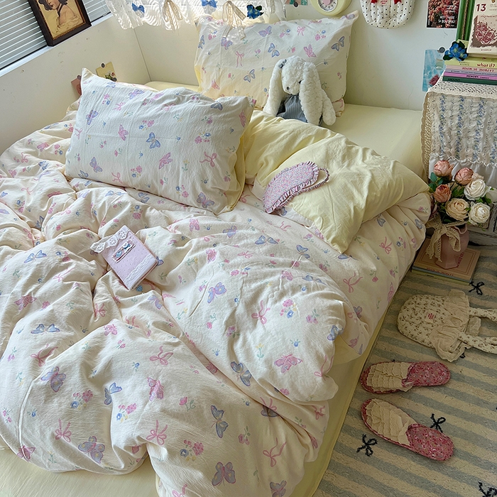 91家纺网 家纺一手货源 找家纺 原素 2025学生季仙女小花卉水洗棉四件套 琉璃蝴蝶