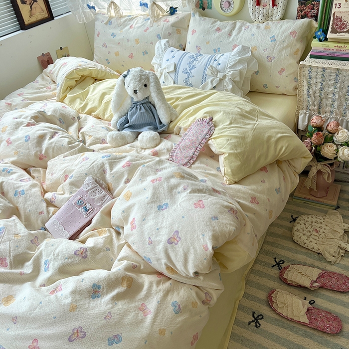 91家纺网 家纺一手货源 找家纺 原素 2025学生季仙女小花卉水洗棉四件套 七彩蝴蝶