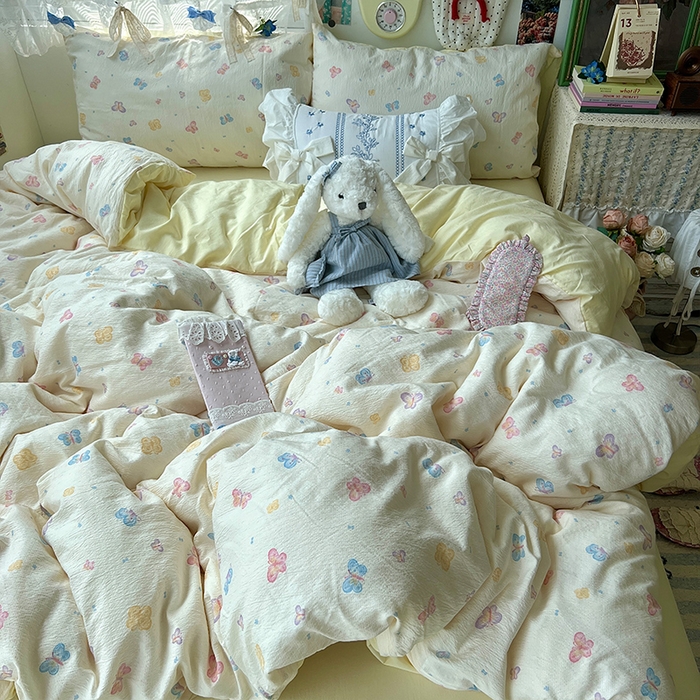 91家纺网 家纺一手货源 找家纺 原素 2025学生季仙女小花卉水洗棉四件套 七彩蝴蝶