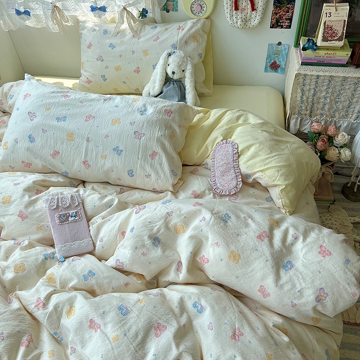 91家纺网 家纺一手货源 找家纺 原素 2025学生季仙女小花卉水洗棉四件套 七彩蝴蝶