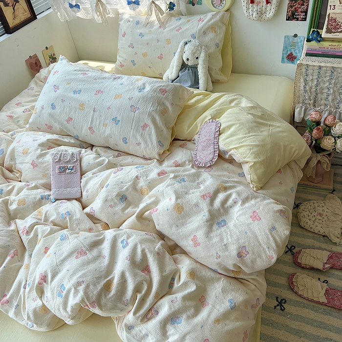 91家纺网 家纺一手货源 找家纺 原素 2025学生季仙女小花卉水洗棉四件套 七彩蝴蝶