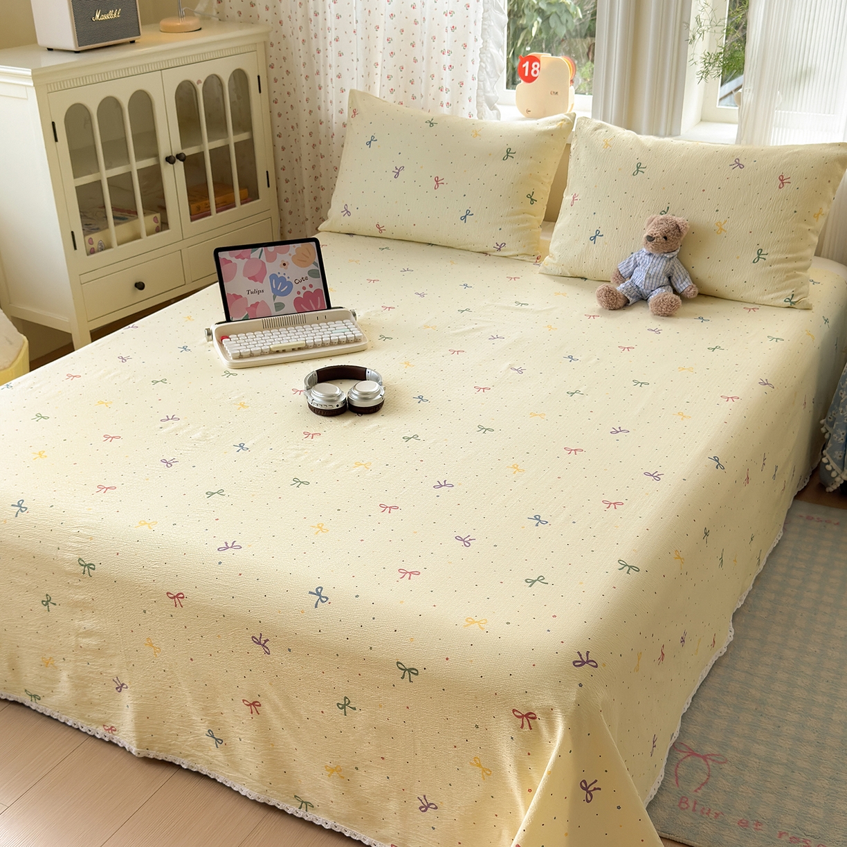 91家纺网 家纺一手货源 找家纺 （总）沐芷 2025 双层纱花边床单单件 单人双人床单三件套