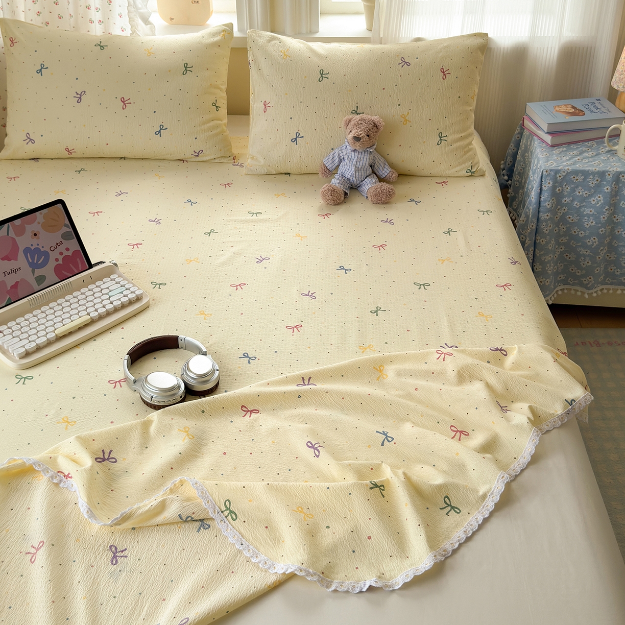 91家纺网 家纺一手货源 找家纺 （总）沐芷 2025 双层纱花边床单单件 单人双人床单三件套