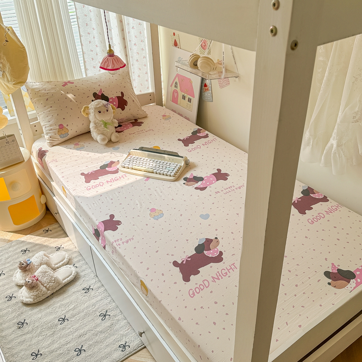 91家纺网 家纺一手货源 找家纺 韩巢家纺 2025新款上下铺学生宿舍专用床笠单件寝室高低床热销款防滑床单床套 彩彩狗