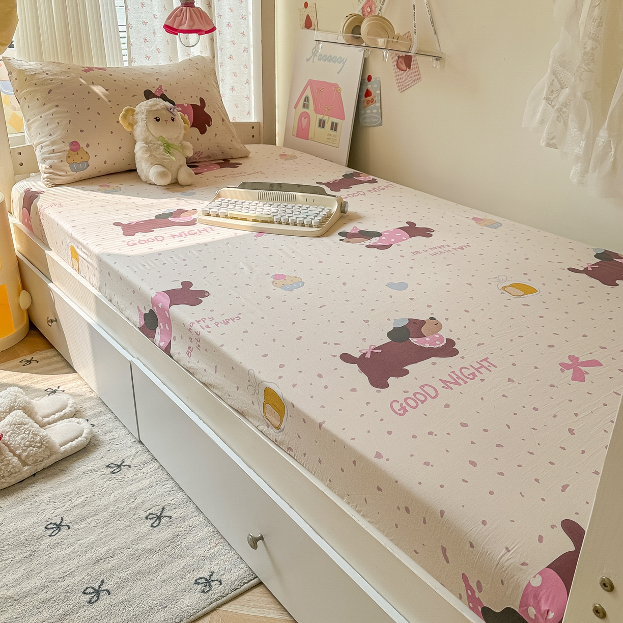 91家纺网 家纺一手货源 找家纺 韩巢家纺 2025新款上下铺学生宿舍专用床笠单件寝室高低床热销款防滑床单床套 彩彩狗