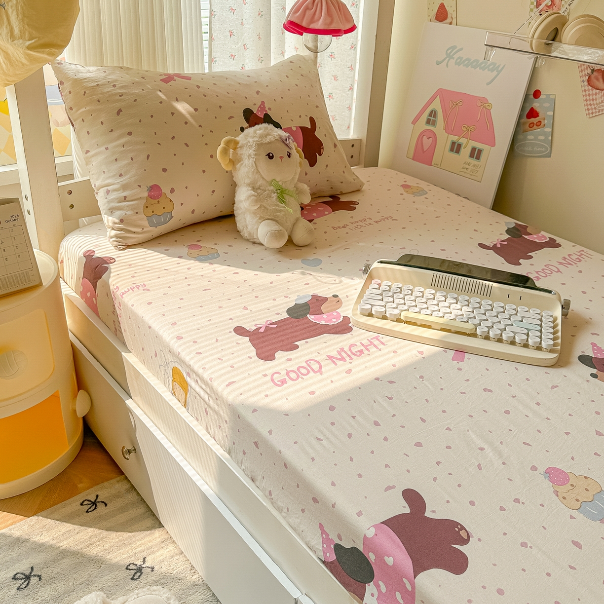 91家纺网 家纺一手货源 找家纺 韩巢家纺 2025新款上下铺学生宿舍专用床笠单件寝室高低床热销款防滑床单床套 彩彩狗