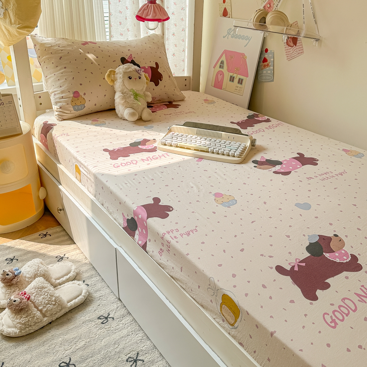 91家纺网 家纺一手货源 找家纺 韩巢家纺 2025新款上下铺学生宿舍专用床笠单件寝室高低床热销款防滑床单床套 彩彩狗