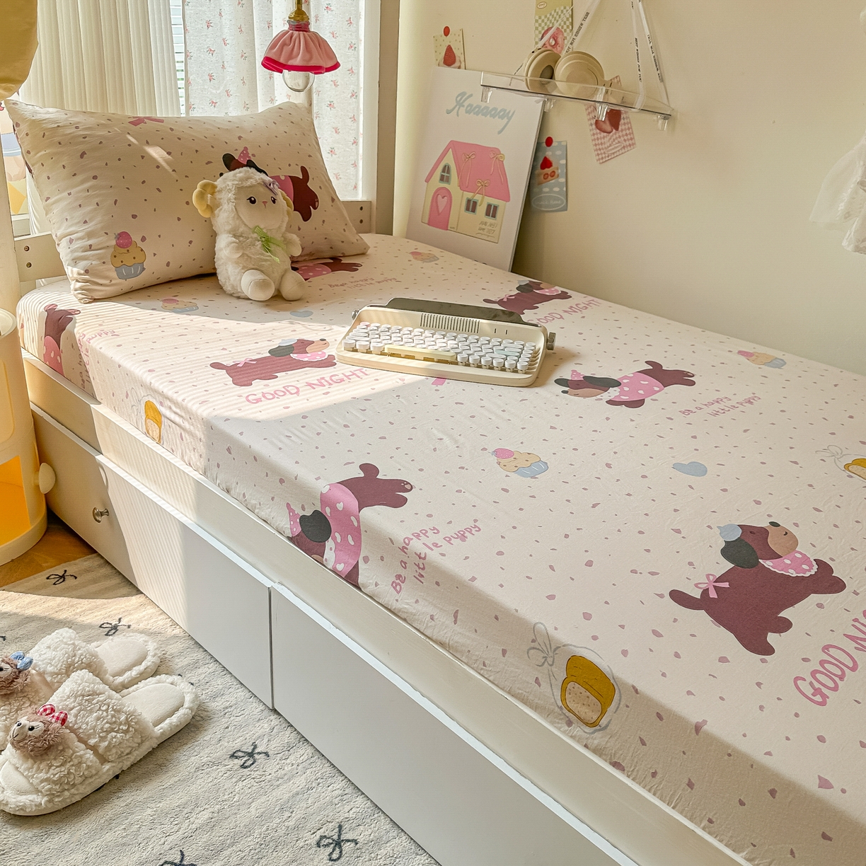 91家纺网 家纺一手货源 找家纺 韩巢家纺 2025新款上下铺学生宿舍专用床笠单件寝室高低床热销款防滑床单床套 彩彩狗