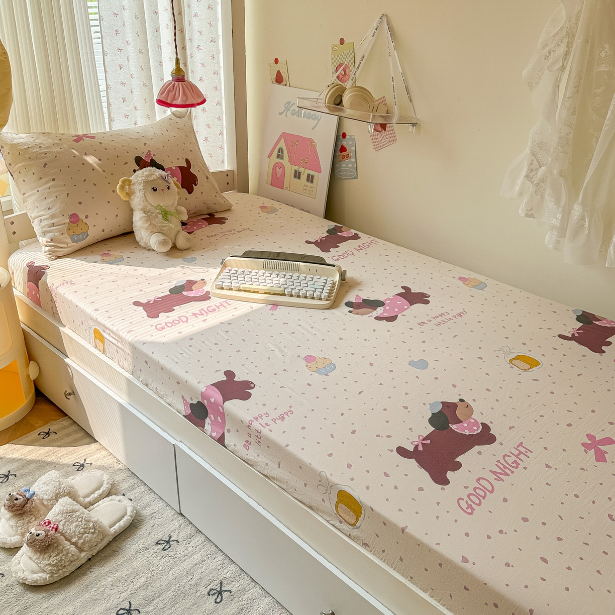 91家纺网 家纺一手货源 找家纺 韩巢家纺 2025新款上下铺学生宿舍专用床笠单件寝室高低床热销款防滑床单床套 彩彩狗