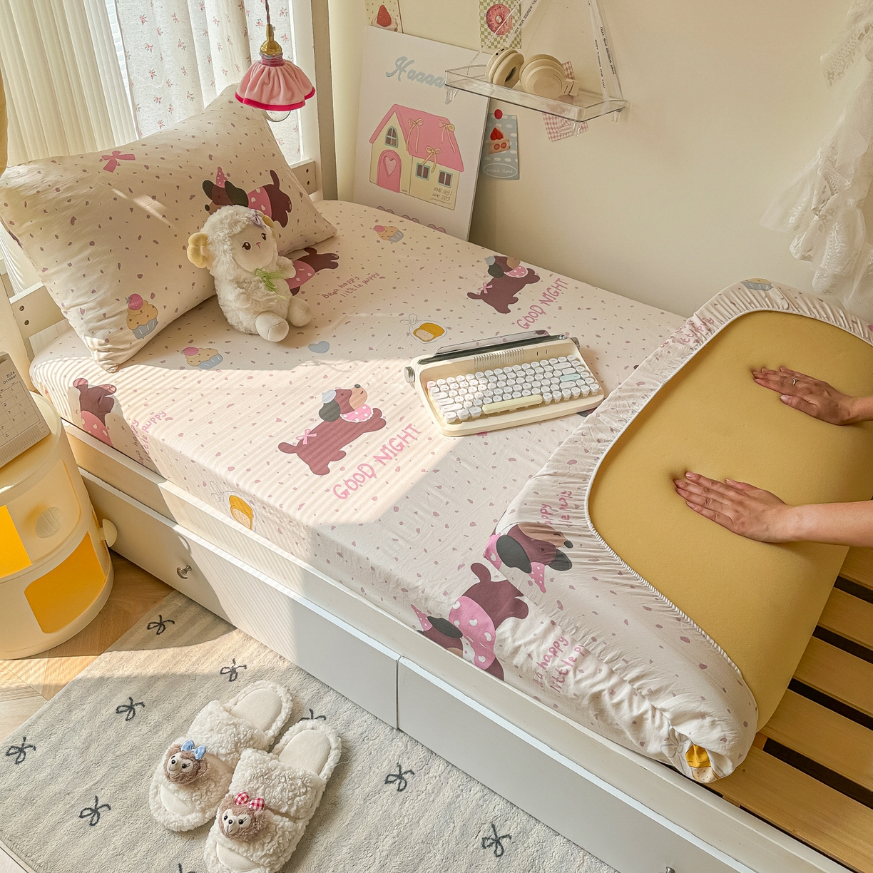 91家纺网 家纺一手货源 找家纺 韩巢家纺 2025新款上下铺学生宿舍专用床笠单件寝室高低床热销款防滑床单床套 彩彩狗