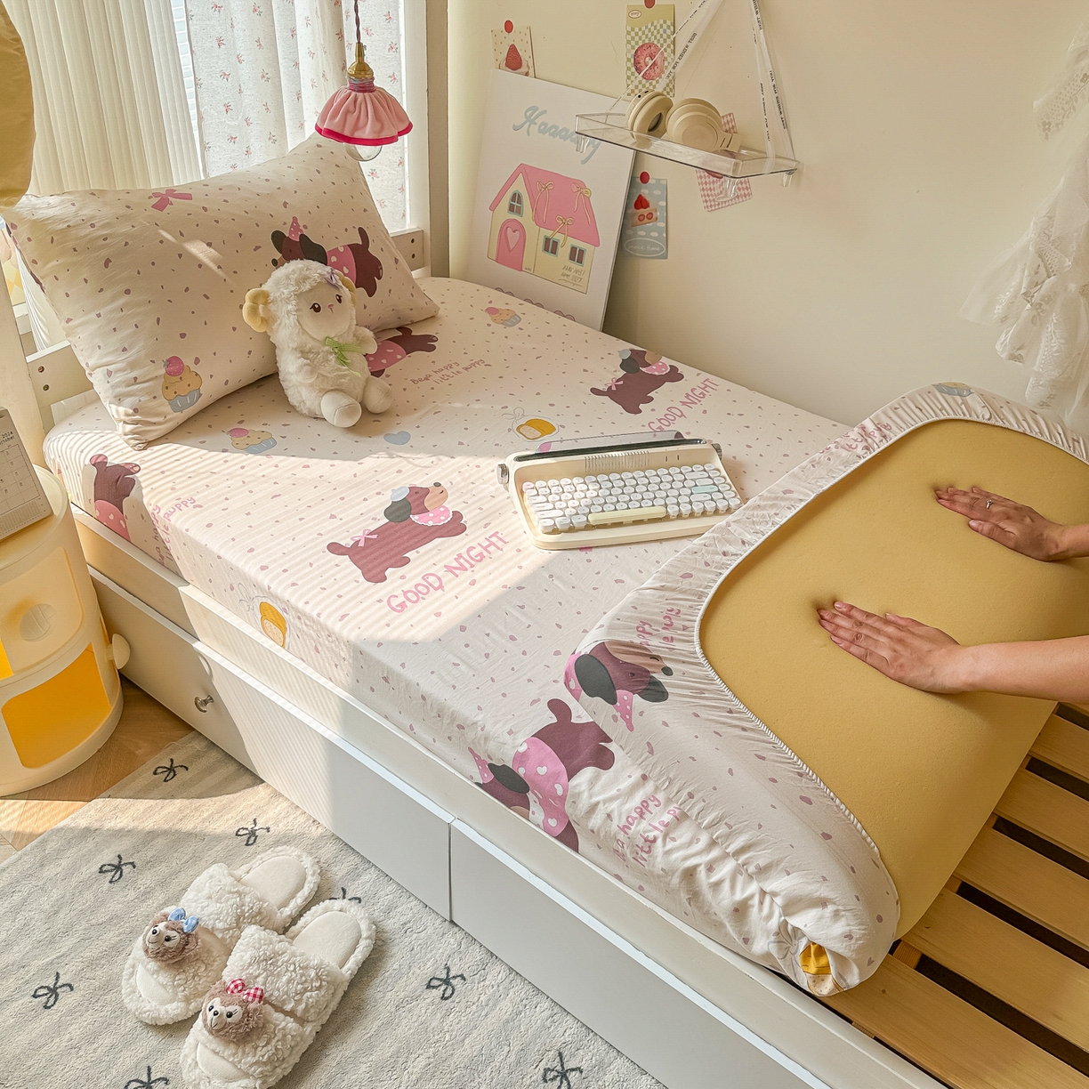 91家纺网 家纺一手货源 找家纺 韩巢家纺 2025新款上下铺学生宿舍专用床笠单件寝室高低床热销款防滑床单床套 彩彩狗