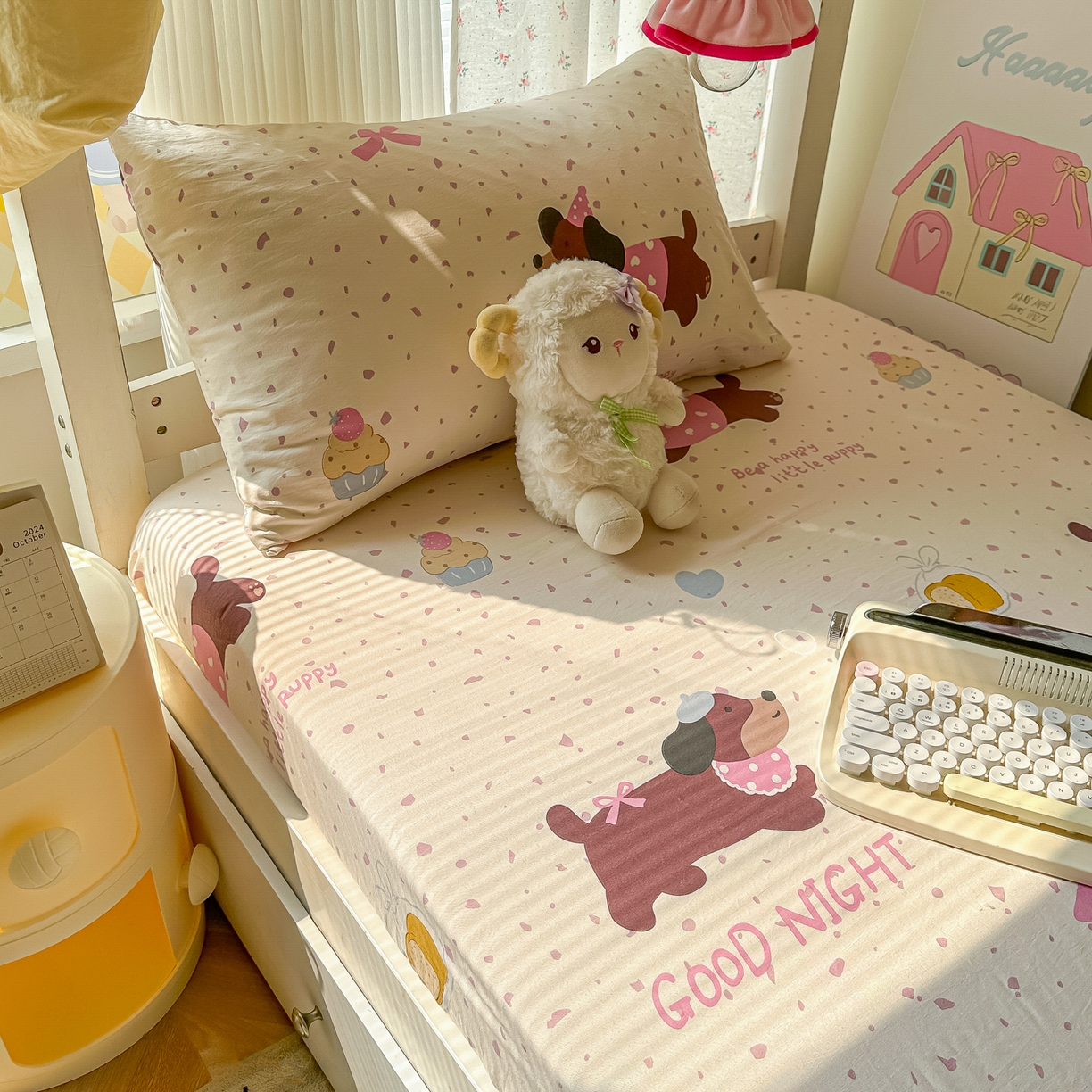 91家纺网 家纺一手货源 找家纺 韩巢家纺 2025新款上下铺学生宿舍专用床笠单件寝室高低床热销款防滑床单床套 彩彩狗