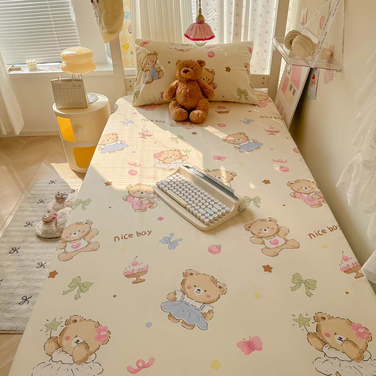 91家纺网 家纺一手货源 找家纺 韩巢家纺 2025新款上下铺学生宿舍专用床笠单件寝室高低床热销款防滑床单床套 草莓奶熊