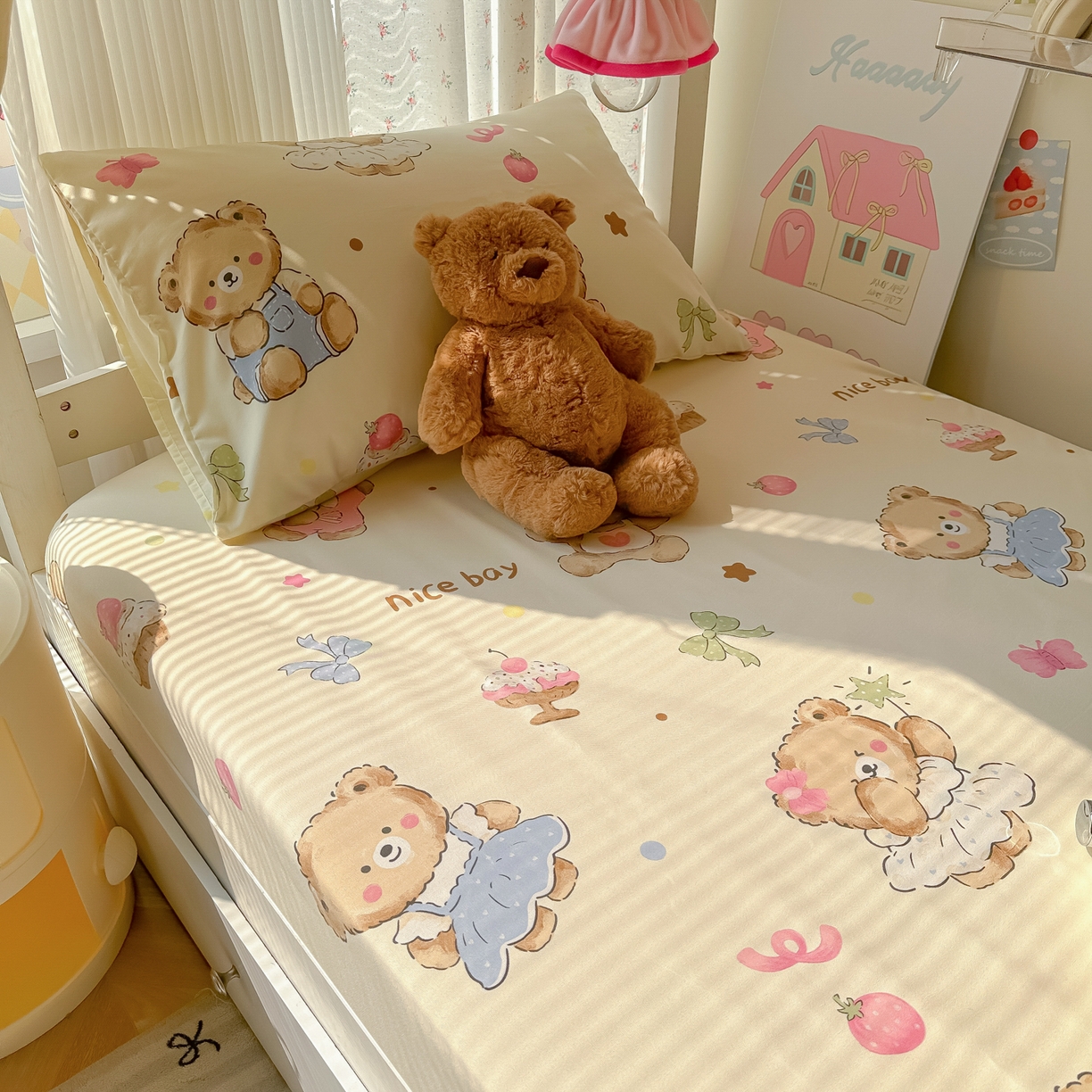 91家纺网 家纺一手货源 找家纺 韩巢家纺 2025新款上下铺学生宿舍专用床笠单件寝室高低床热销款防滑床单床套 草莓奶熊