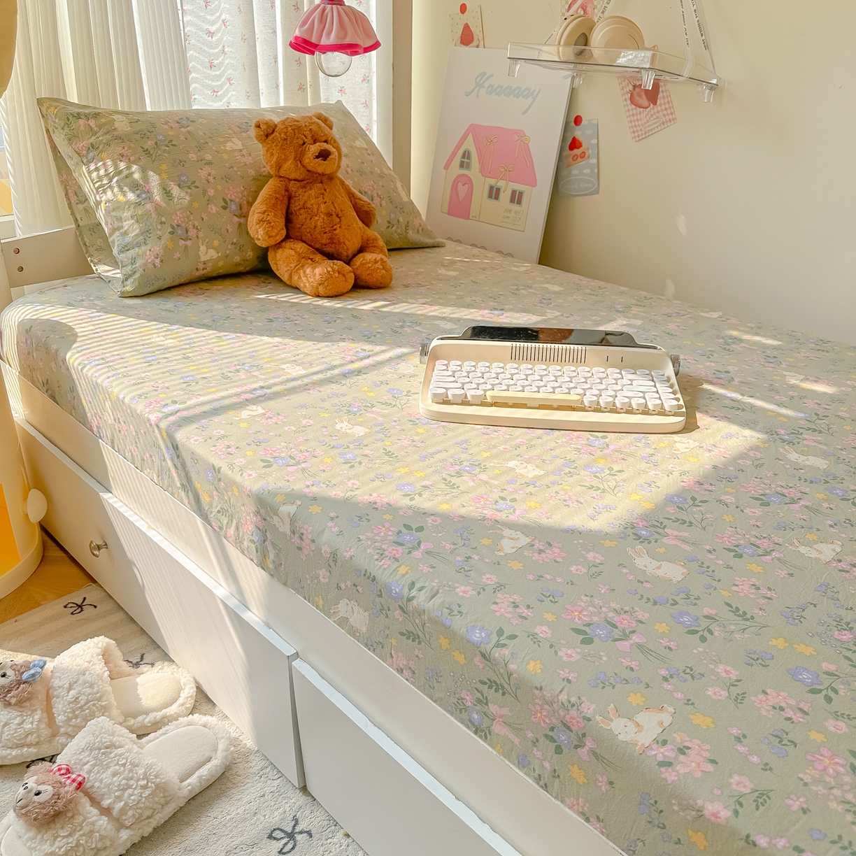 91家纺网 家纺一手货源 找家纺 韩巢家纺 2025新款上下铺学生宿舍专用床笠单件寝室高低床热销款防滑床单床套 丝带飞飞兔