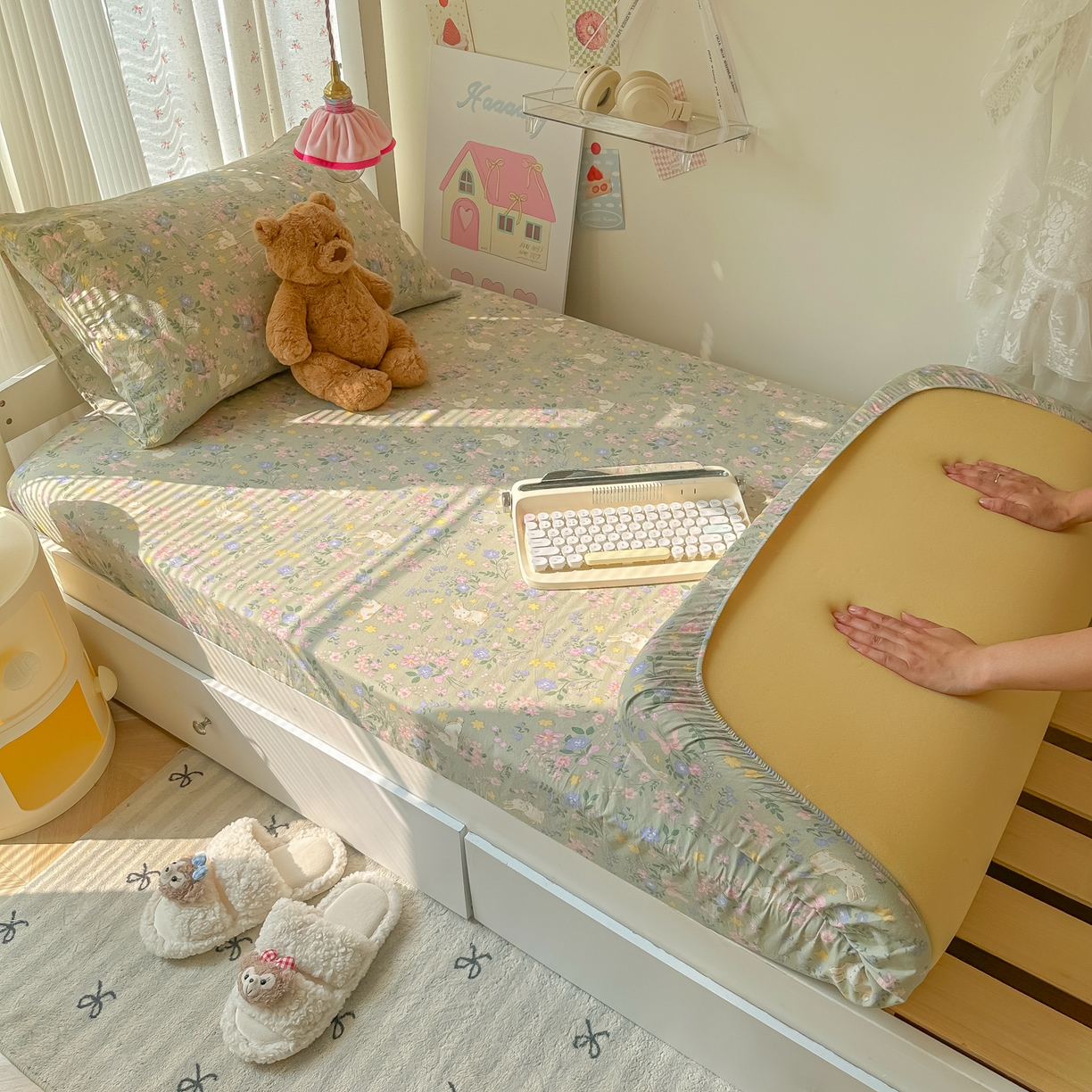 91家纺网 家纺一手货源 找家纺 韩巢家纺 2025新款上下铺学生宿舍专用床笠单件寝室高低床热销款防滑床单床套 丝带飞飞兔