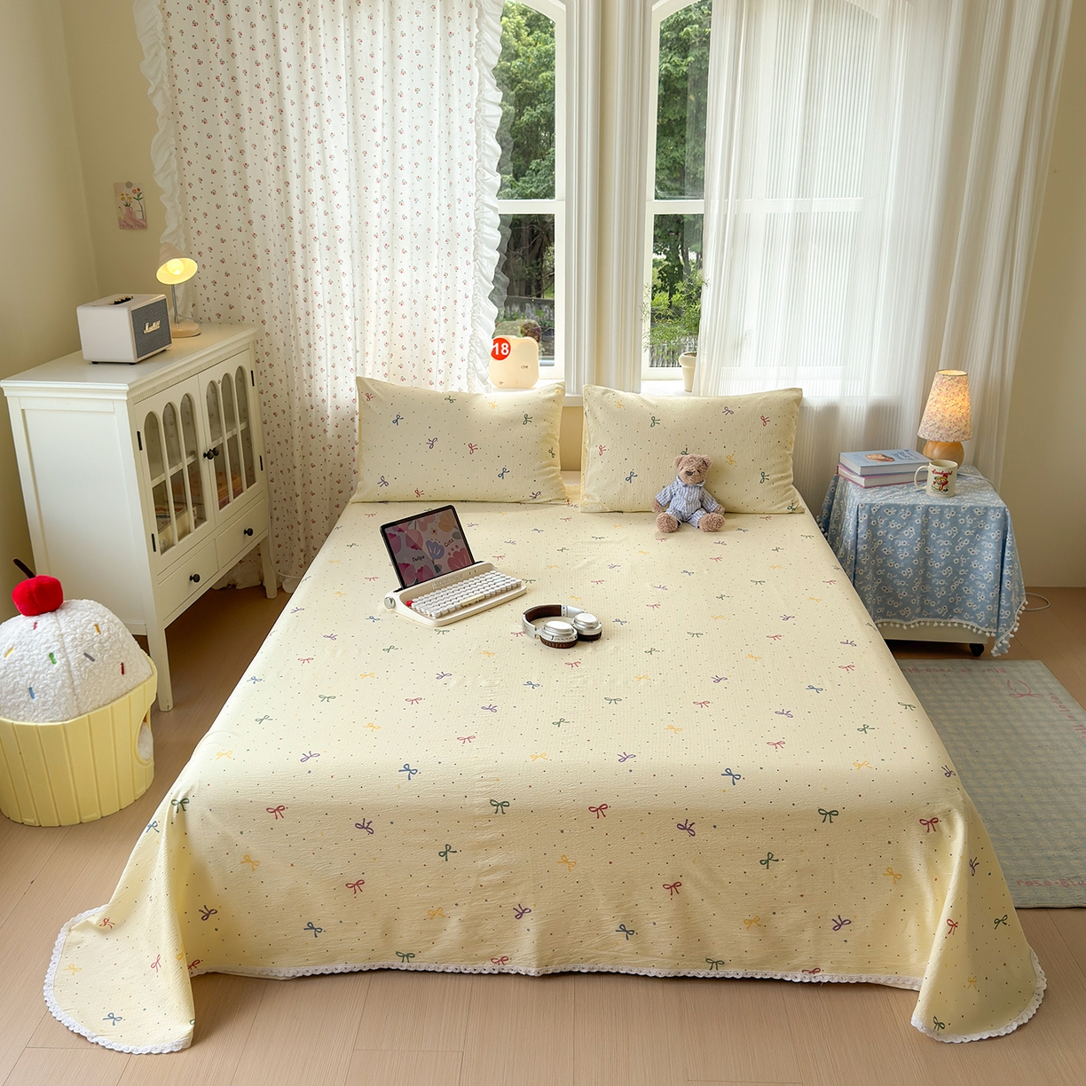 91家纺网 家纺一手货源 找家纺 沐芷 2025 A类双层纱花边床单单件 单人双人床单三件套 蜡笔画