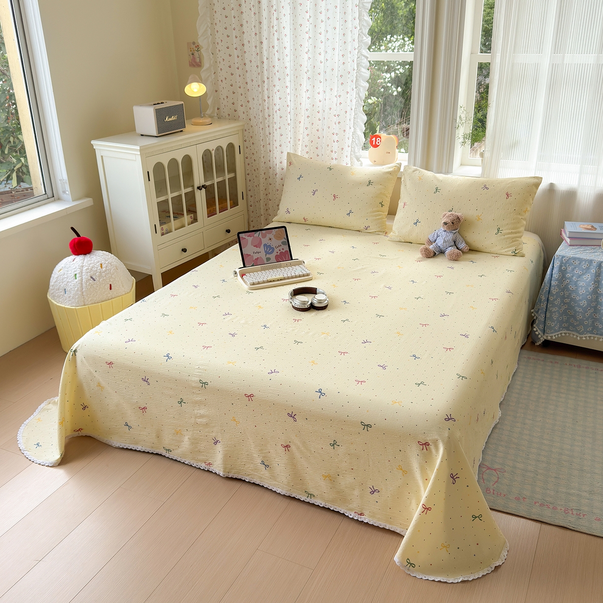 91家纺网 家纺一手货源 找家纺 沐芷 2025 A类双层纱花边床单单件 单人双人床单三件套 蜡笔画