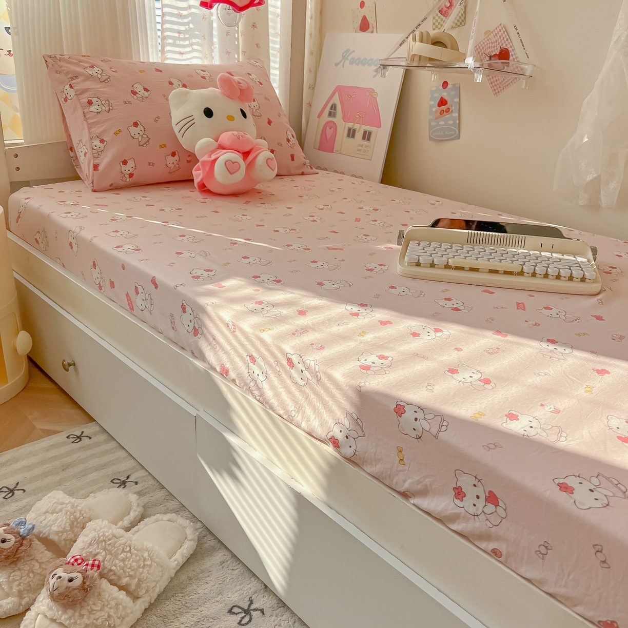 91家纺网 家纺一手货源 找家纺 韩巢家纺 2025新款上下铺学生宿舍专用床笠单件寝室高低床热销款防滑床单床套 糖果KT