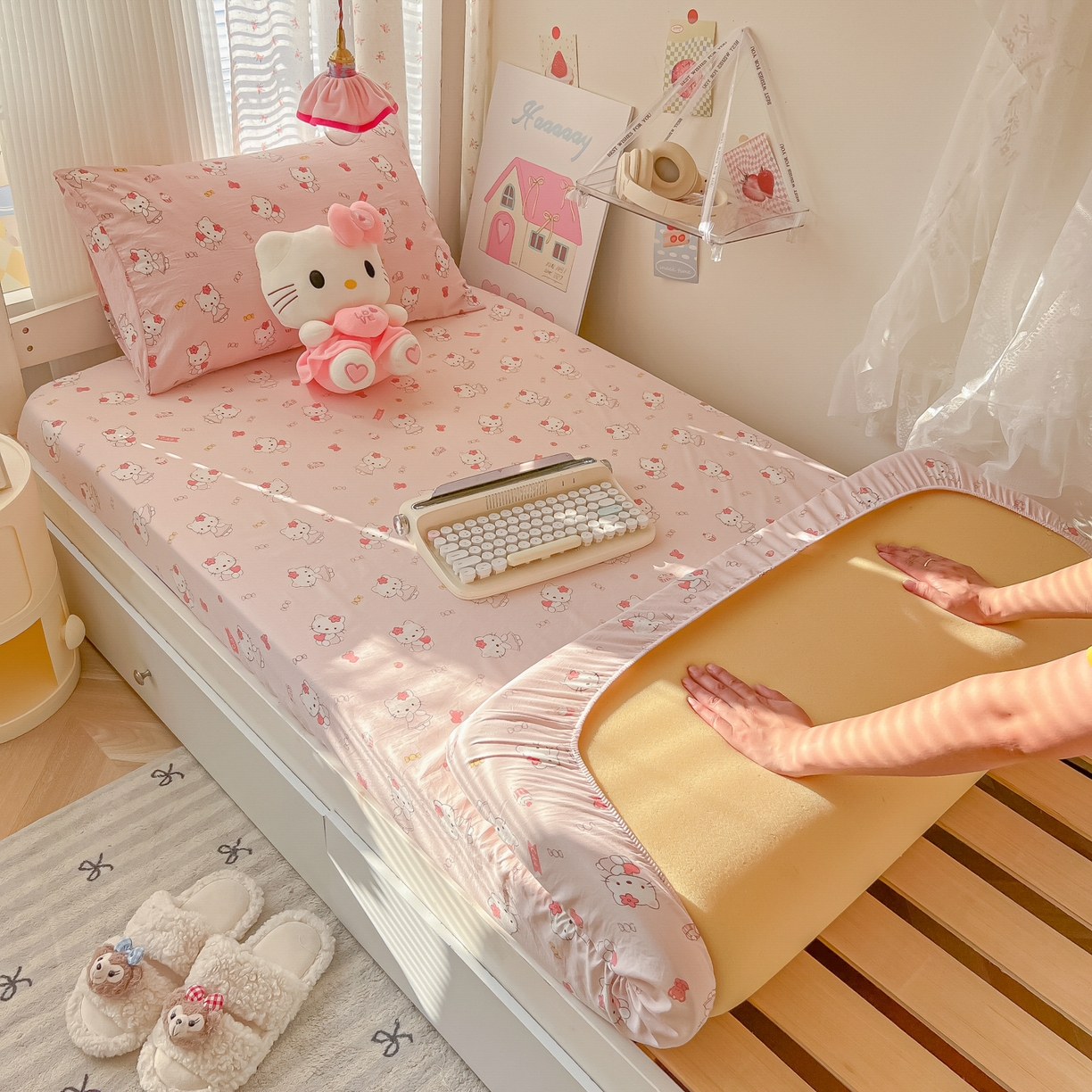 91家纺网 家纺一手货源 找家纺 韩巢家纺 2025新款上下铺学生宿舍专用床笠单件寝室高低床热销款防滑床单床套 糖果KT