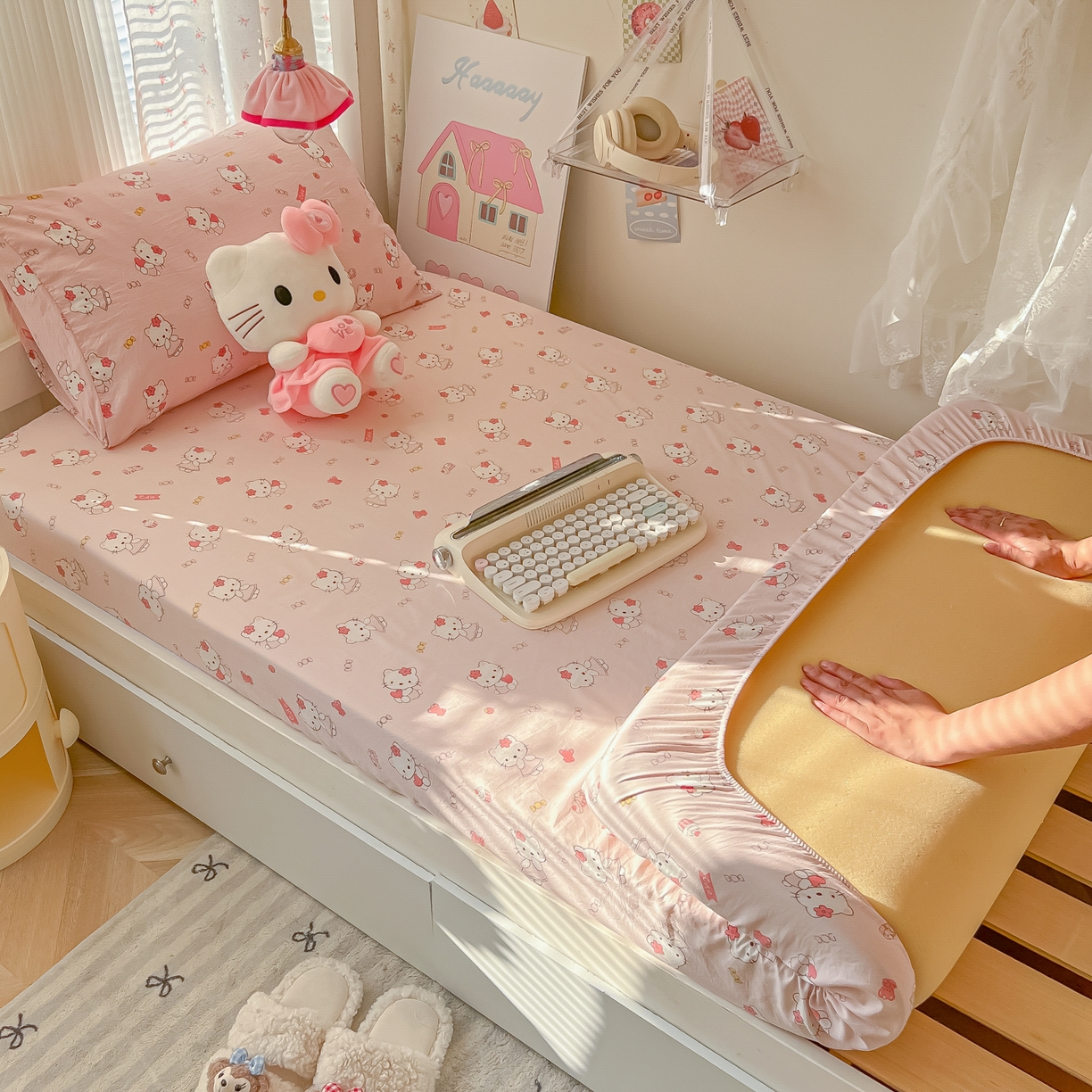 91家纺网 家纺一手货源 找家纺 韩巢家纺 2025新款上下铺学生宿舍专用床笠单件寝室高低床热销款防滑床单床套 糖果KT