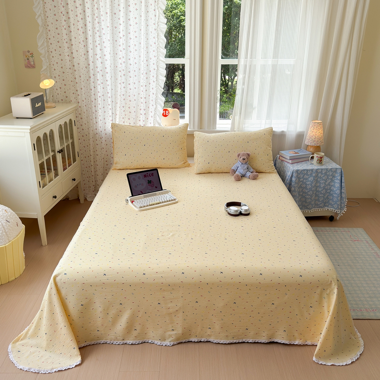 91家纺网 家纺一手货源 找家纺 沐芷 2025 A类双层纱花边床单单件 单人双人床单三件套 冰淇淋