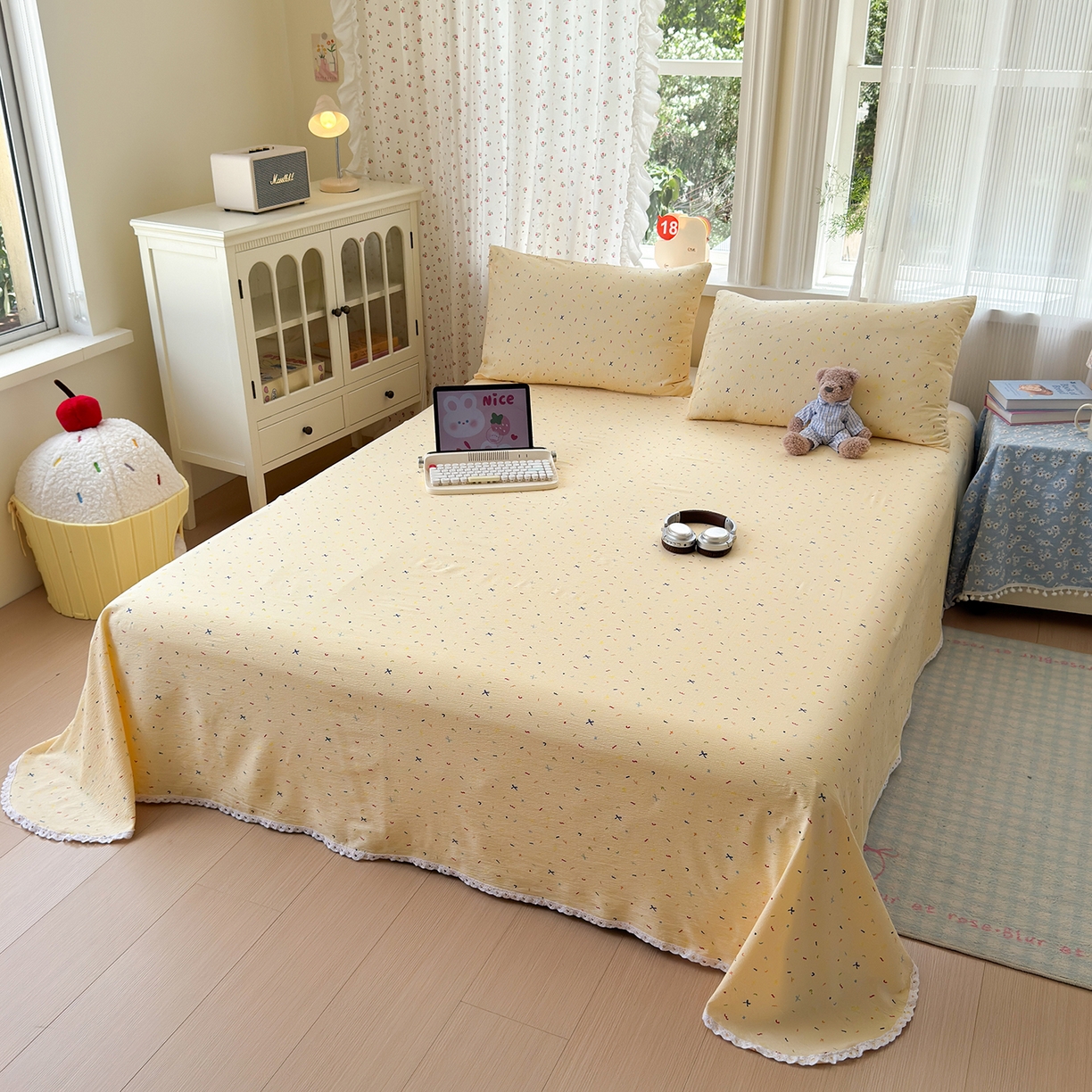 91家纺网 家纺一手货源 找家纺 沐芷 2025 A类双层纱花边床单单件 单人双人床单三件套 冰淇淋