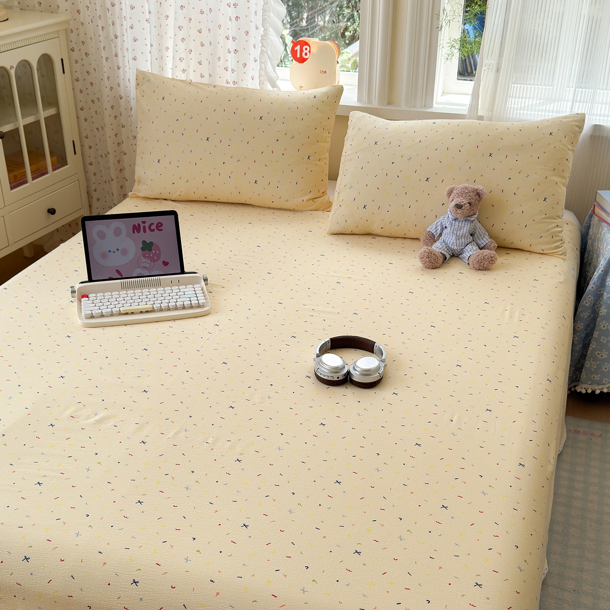 91家纺网 家纺一手货源 找家纺 沐芷 2025 A类双层纱花边床单单件 单人双人床单三件套 冰淇淋