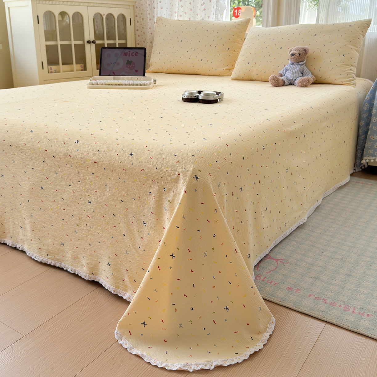 91家纺网 家纺一手货源 找家纺 沐芷 2025 A类双层纱花边床单单件 单人双人床单三件套 冰淇淋