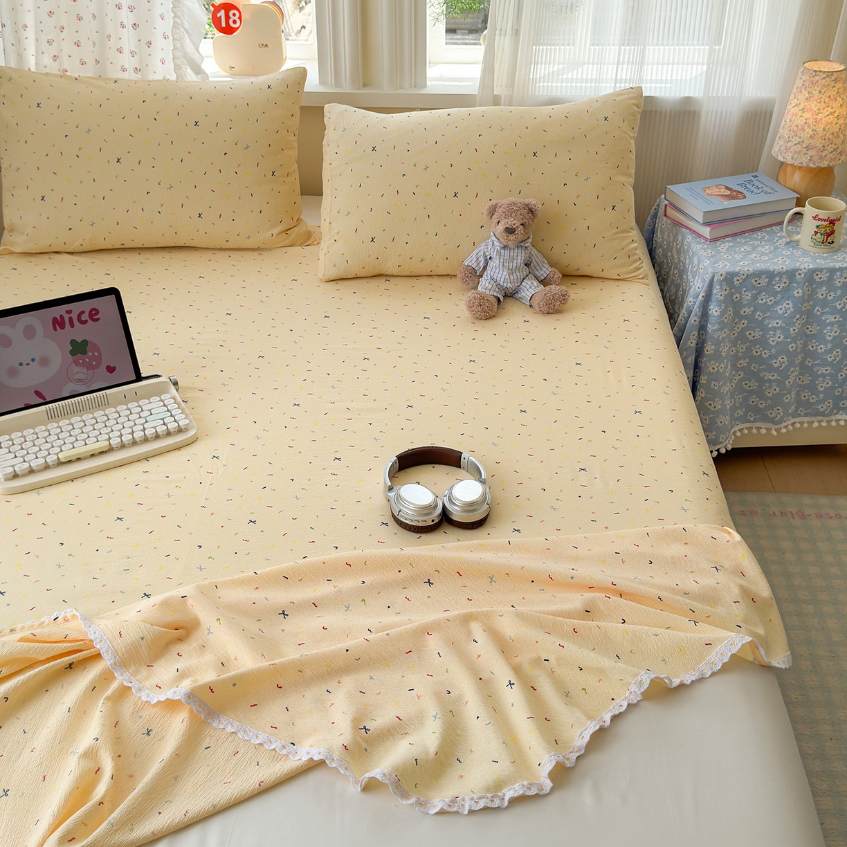 91家纺网 家纺一手货源 找家纺 沐芷 2025 A类双层纱花边床单单件 单人双人床单三件套 冰淇淋