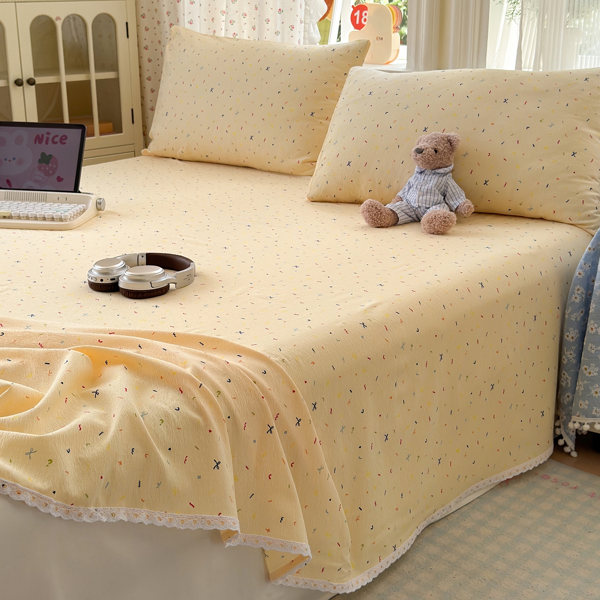 91家纺网 家纺一手货源 找家纺 沐芷 2025 A类双层纱花边床单单件 单人双人床单三件套 冰淇淋