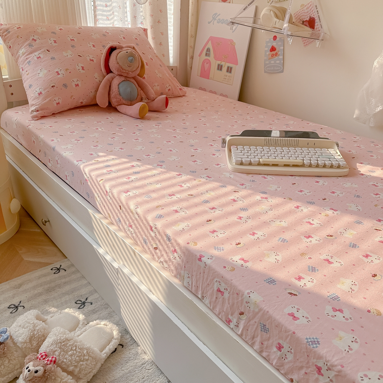 91家纺网 家纺一手货源 找家纺 韩巢家纺 2025新款上下铺学生宿舍专用床笠单件寝室高低床热销款防滑床单床套 小小蛋糕猫