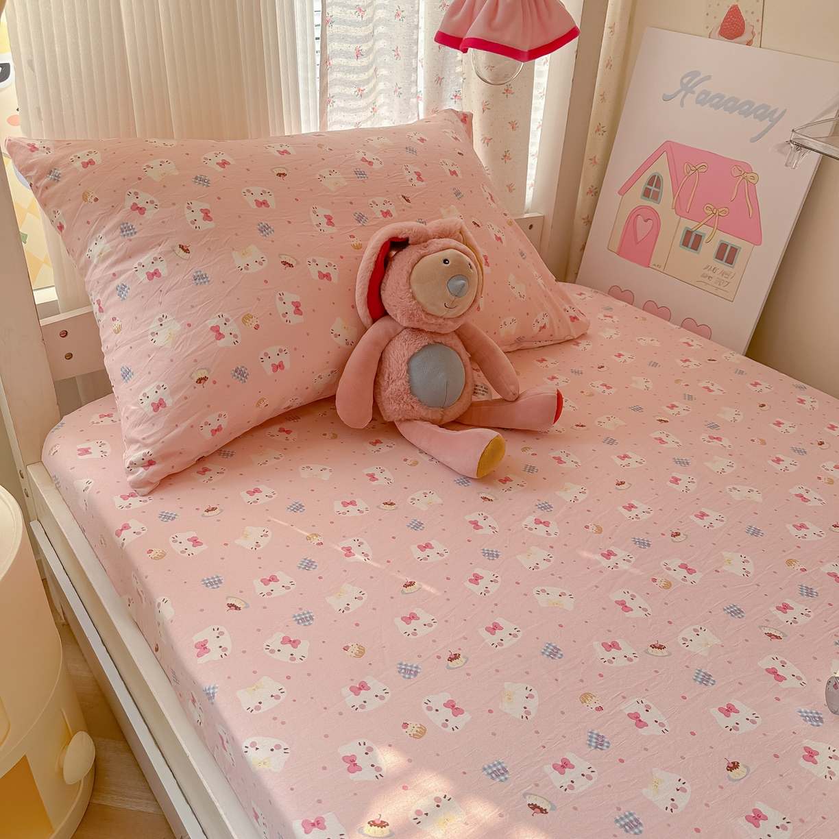 91家纺网 家纺一手货源 找家纺 韩巢家纺 2025新款上下铺学生宿舍专用床笠单件寝室高低床热销款防滑床单床套 小小蛋糕猫