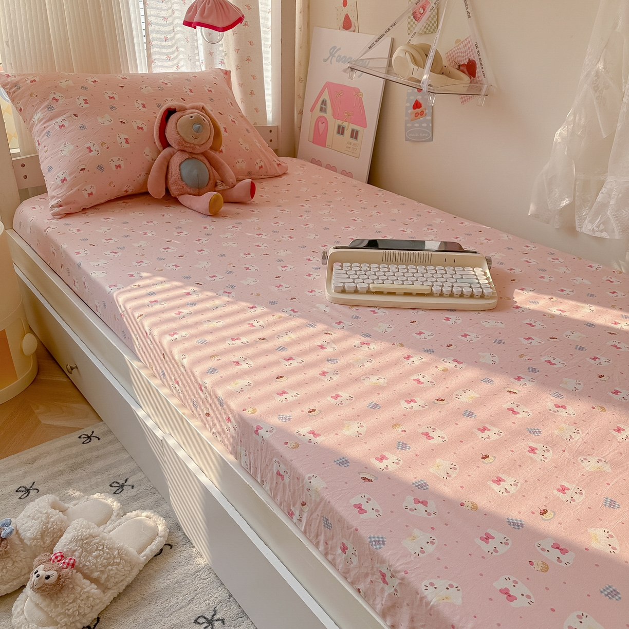 91家纺网 家纺一手货源 找家纺 韩巢家纺 2025新款上下铺学生宿舍专用床笠单件寝室高低床热销款防滑床单床套 小小蛋糕猫