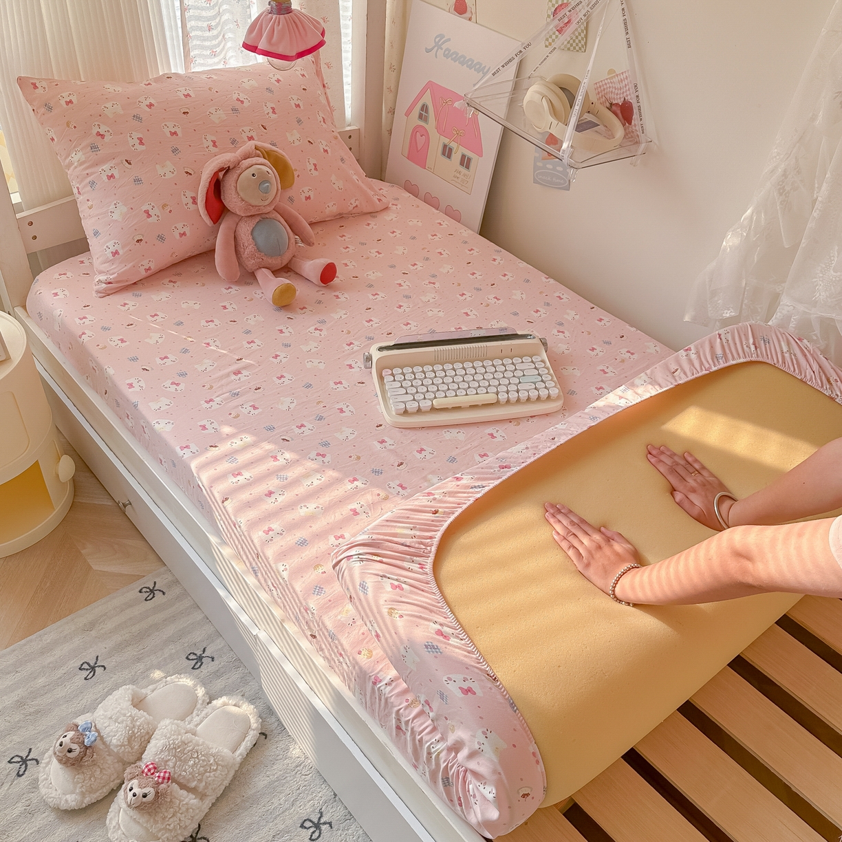 91家纺网 家纺一手货源 找家纺 韩巢家纺 2025新款上下铺学生宿舍专用床笠单件寝室高低床热销款防滑床单床套 小小蛋糕猫