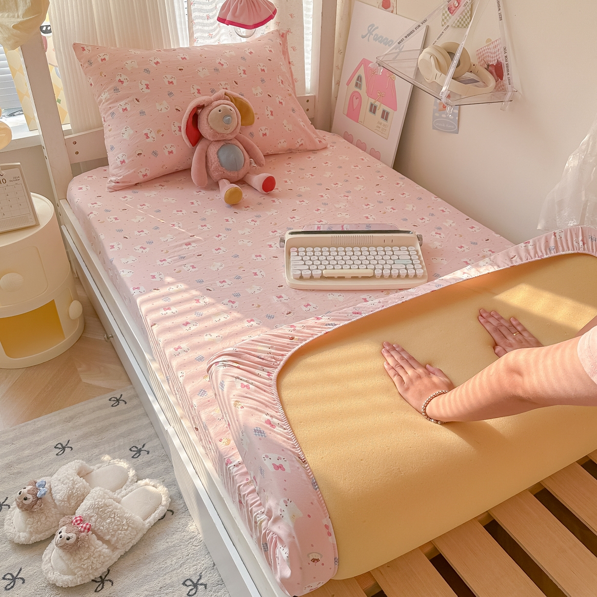 91家纺网 家纺一手货源 找家纺 韩巢家纺 2025新款上下铺学生宿舍专用床笠单件寝室高低床热销款防滑床单床套 小小蛋糕猫