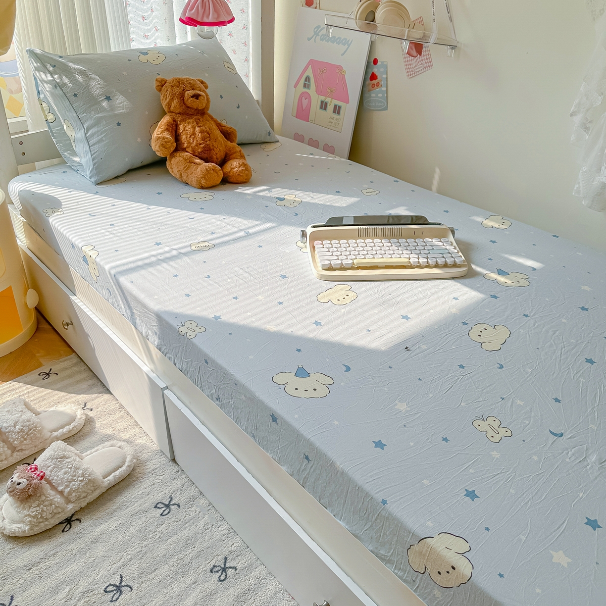 91家纺网 家纺一手货源 找家纺 韩巢家纺 2025新款上下铺学生宿舍专用床笠单件寝室高低床热销款防滑床单床套 星月小狗