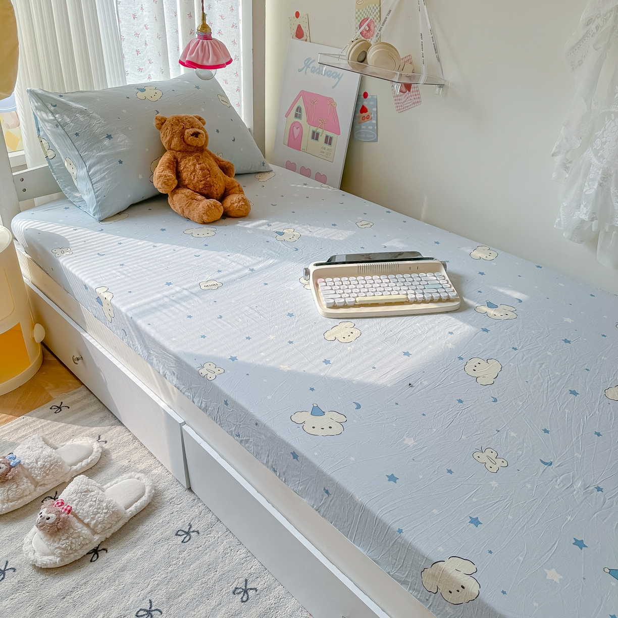 91家纺网 家纺一手货源 找家纺 韩巢家纺 2025新款上下铺学生宿舍专用床笠单件寝室高低床热销款防滑床单床套 星月小狗