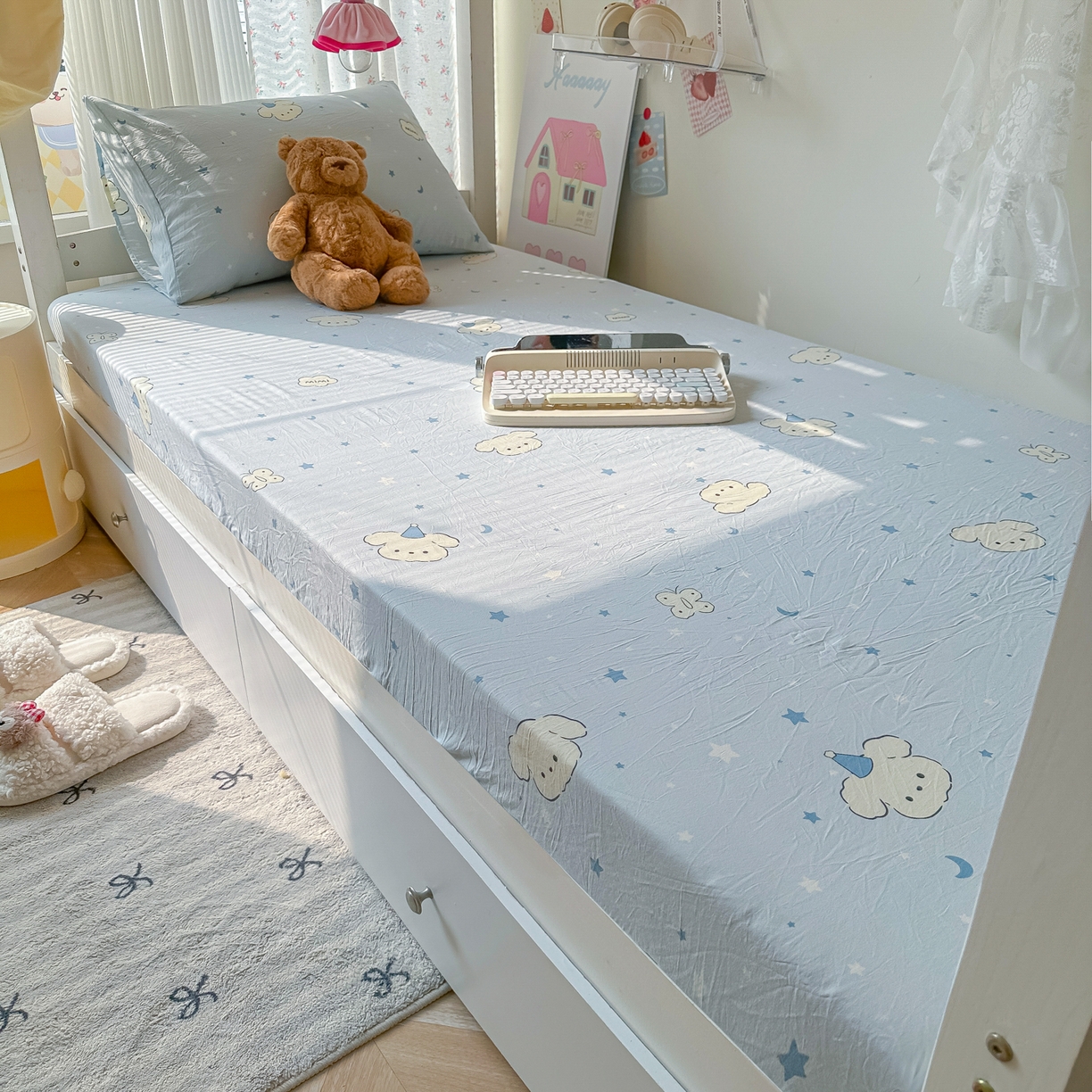 91家纺网 家纺一手货源 找家纺 韩巢家纺 2025新款上下铺学生宿舍专用床笠单件寝室高低床热销款防滑床单床套 星月小狗