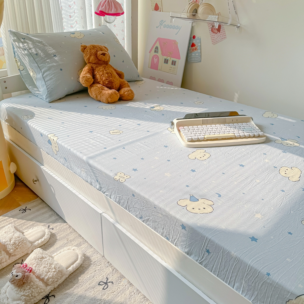 91家纺网 家纺一手货源 找家纺 韩巢家纺 2025新款上下铺学生宿舍专用床笠单件寝室高低床热销款防滑床单床套 星月小狗