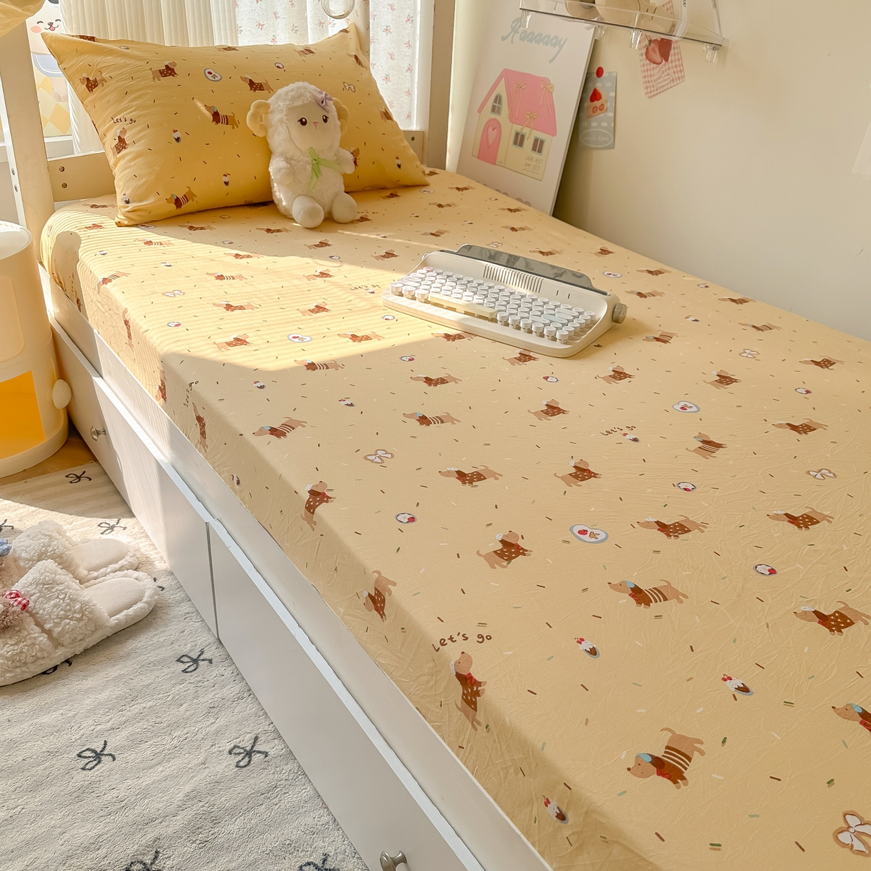 91家纺网 家纺一手货源 找家纺 韩巢家纺 2025新款上下铺学生宿舍专用床笠单件寝室高低床热销款防滑床单床套 芝士小奶狗