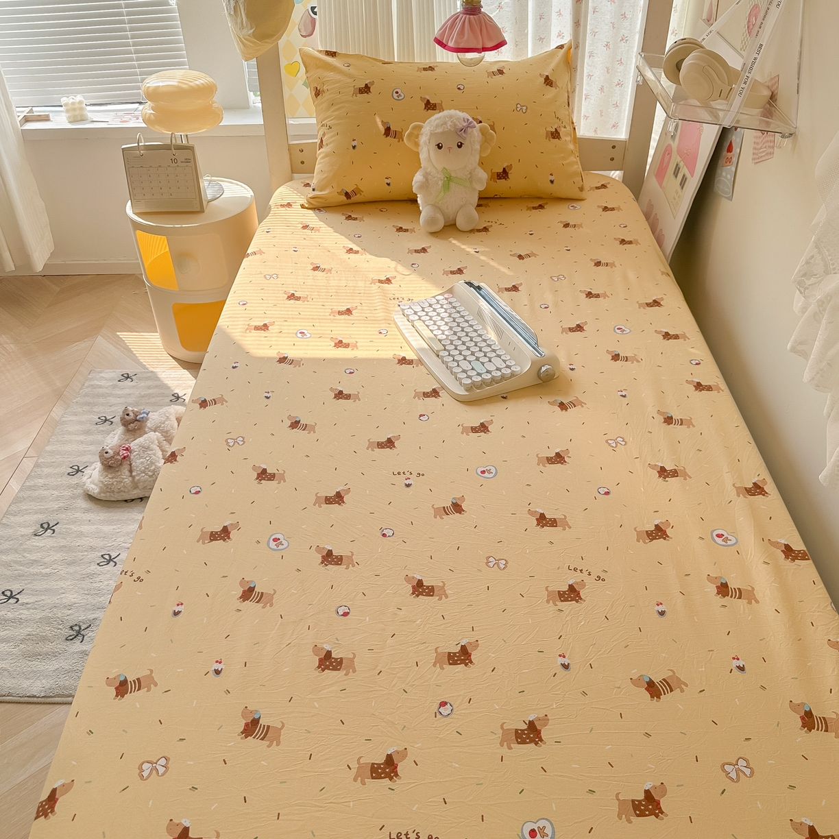 91家纺网 家纺一手货源 找家纺 韩巢家纺 2025新款上下铺学生宿舍专用床笠单件寝室高低床热销款防滑床单床套 芝士小奶狗