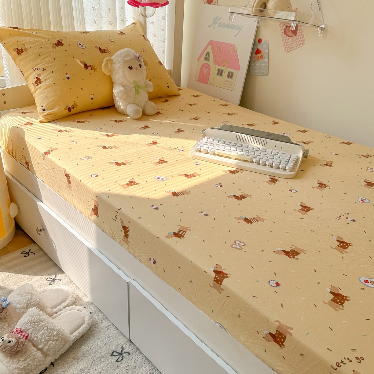 91家纺网 家纺一手货源 找家纺 韩巢家纺 2025新款上下铺学生宿舍专用床笠单件寝室高低床热销款防滑床单床套 芝士小奶狗