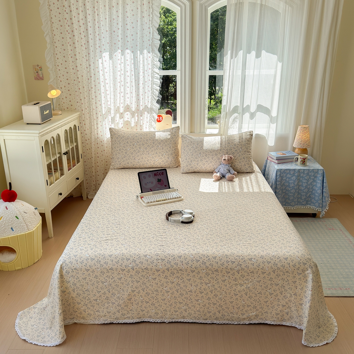 91家纺网 家纺一手货源 找家纺 沐芷 2025 A类双层纱花边床单单件 单人双人床单三件套 花园兔