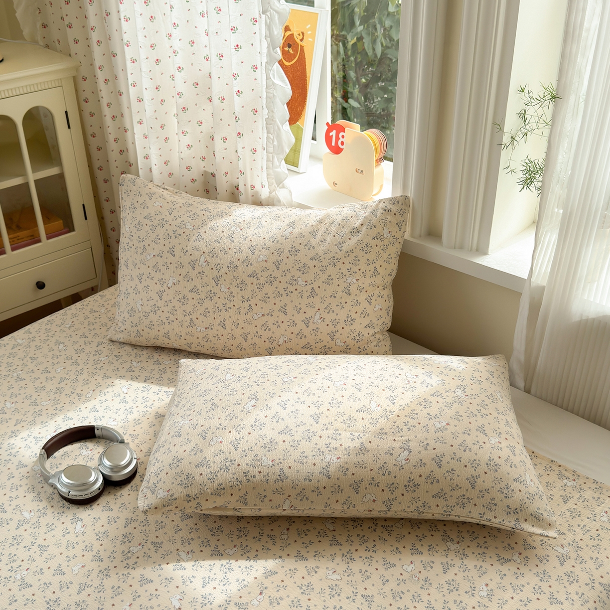 91家纺网 家纺一手货源 找家纺 沐芷 2025 A类双层纱花边床单单件 单人双人床单三件套 花园兔