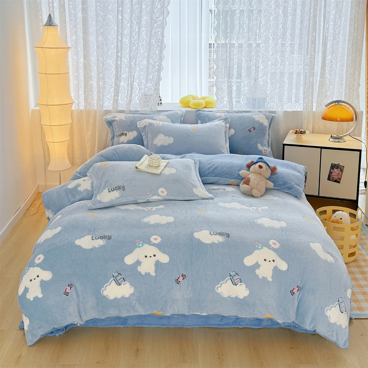 曼町家居 2025新款雪花绒四件套 蓝色大耳狗