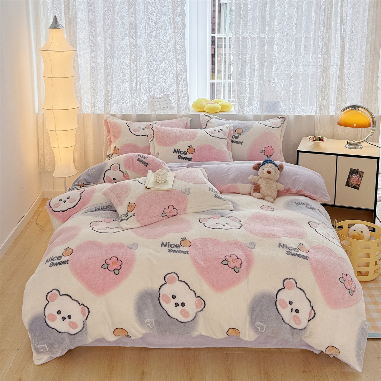 曼町家居 2025新款雪花绒四件套 甜蜜小熊
