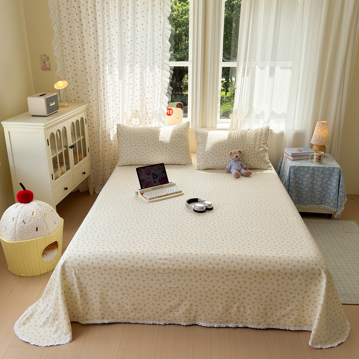 91家纺网 家纺一手货源 找家纺 沐芷 2025 A类双层纱花边床单单件 单人双人床单三件套 橘子海