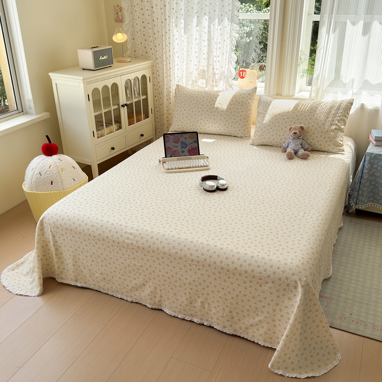 91家纺网 家纺一手货源 找家纺 沐芷 2025 A类双层纱花边床单单件 单人双人床单三件套 橘子海