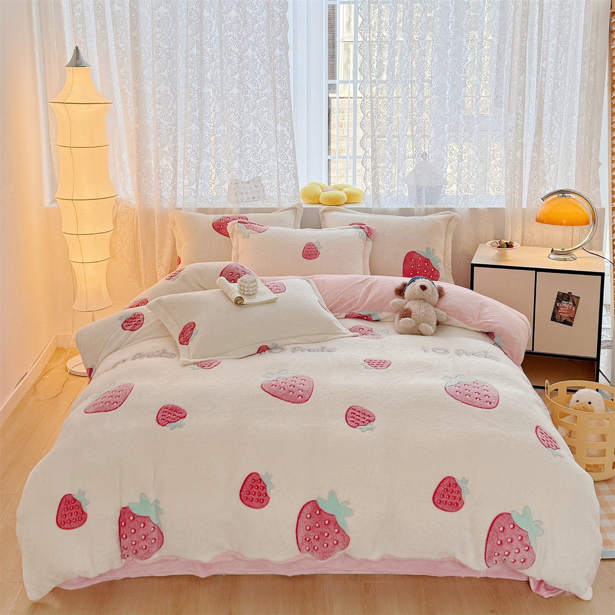 曼町家居 2025新款雪花绒四件套 甜心草莓